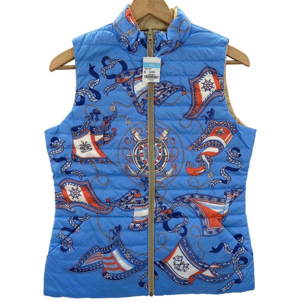 J McLaughlin Tahoe Vest Reversible Goose Packable Coastal Nautical Down Puffer S